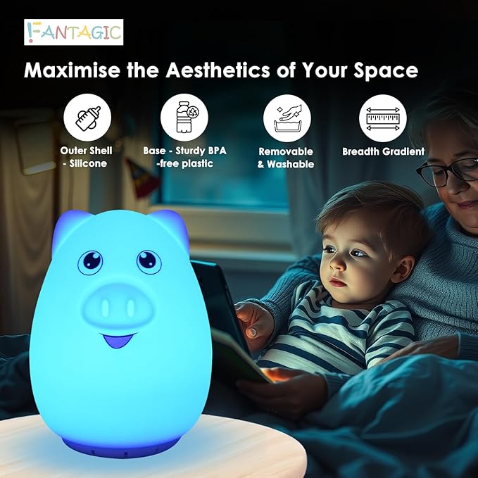 Combined Bluetooth Speaker & Nightlight With 9 Color Emissions, Child Friendly Silicone & BPA Free, USB Recharging, Receives Audio From Computer, Phone Or Tablet, and includes Remote Control (Pig)-CubbioJoy