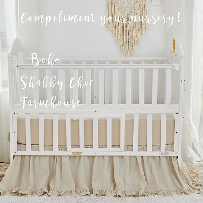 Brandream Gender Neutral Boho Bohemian Baby Girl Boy Nursery Crib Bedding Set 3 Pieces Solid Beige Farmhouse Chic Ruffle Unisex Cozy 100% Washed Cotton-CubbioJoy