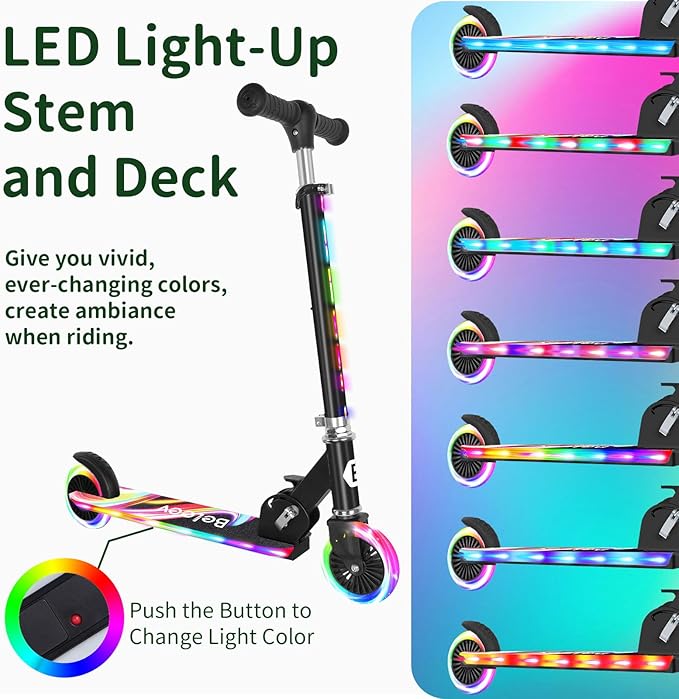 BELEEV V2 Scooters for Kids with Light-Up Wheels & Stem & Deck, 2 Wheel Folding Scooter for Girls Boys, 3 Adjustable Height, Non-Slip Pattern Deck, Lightweight Kick Scooter for Children Ages 3-12-CubbioJoy
