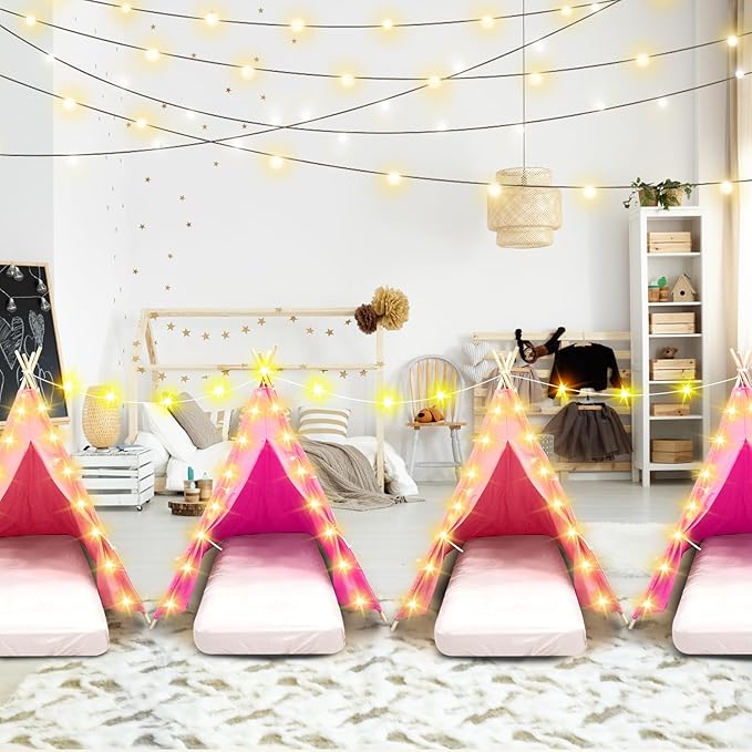 6 Pack Sleepovers Teepee Tent for Kids Bulk with Mattress Sheet Light,Natural Cotton Washable Indoor Play Tent for Birthday Slumber Party Girls Boys Pajama Movie Night Supplies(Pink, Rose Red)-CubbioJoy