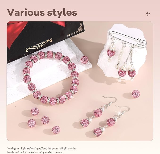 160pcs 10mm Rhinestone Beads for Jewelry Making, Dark Pink Shiny Round Disco Ball Beads Bulk, Sparkle Crystal Clay Christmas for Bracelet Baseball Necklace Earring Crafting and DIY-CubbioJoy