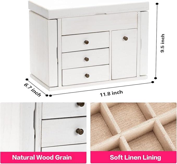 Jewelry Box Organizer, Solid Wood Jewelry Boxes for Women for Storage & Display Necklace Ring Earring Bracelet, Rustic Style Jewelry Organizer Box for Women Gifts (Weathered White)-CubbioJoy
