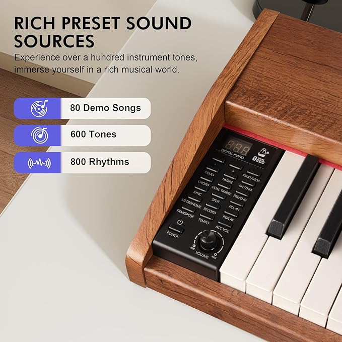 88 Key Digital Piano Keyboard for Beginners,Full Size Electric Piano Semi-Weighted Keyboard with Sheet Music Stand,Pedal,Headphone,Power Adapter,USB-MIDI Compatibility,Wood Grain Brown-CubbioJoy