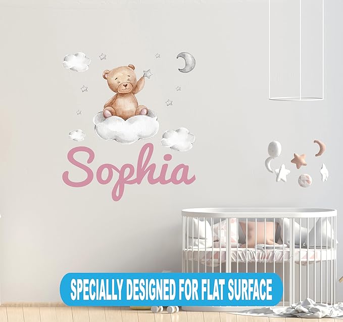 Custom Name Teddy Bear Nursery Wall Decal - Moon, Starts Clouds Watercolor Baby Room Decor for Boys & Girls - Teddy Bear Wall Stickers - Personalized Name Wall Sticker for Nursery playroom-CubbioJoy