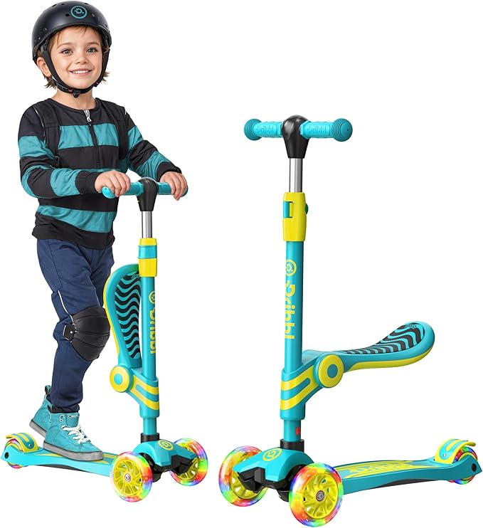 Aqua & Yellow 3 Wheel Scooter with Seat for Kids – Light-Up LED Wheels, Adjustable Handlebar and Seat, Smooth PU Wheels, Wide Anti-Slip Deck, Rear Foot Brake – Toddler Outdoor Toys for Ages 2+-CubbioJoy