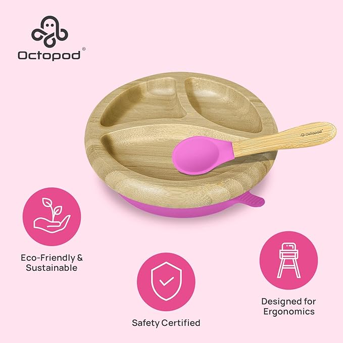 Abiie Octopod Bamboo Dish - Kids Plates for 4 months and up, 3-Compartment Baby Plates with Suction, Round Bamboo Baby Plate, Mess-Free Toddler Suction Plates, Baby Feeding Supplies, 7.5 x 7.5 x 1.9in-CubbioJoy