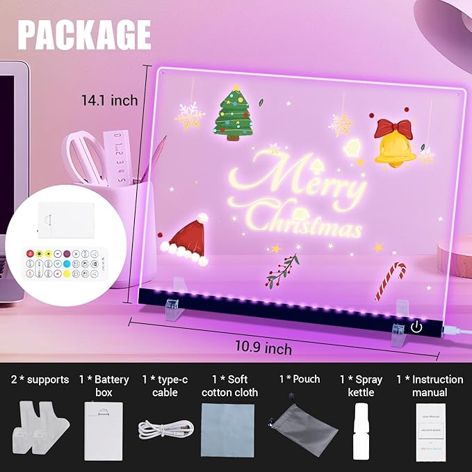 Doodle Glow, LED Note Board with Colors, 14.1"x10.9" Arvana Acrylic Dry Erase Board, 16M-Color LED Light-Up Memo Board w/Music Sync, APP & Remote, Stand & 7 Markers, Neon Glow Display (Black)-CubbioJoy