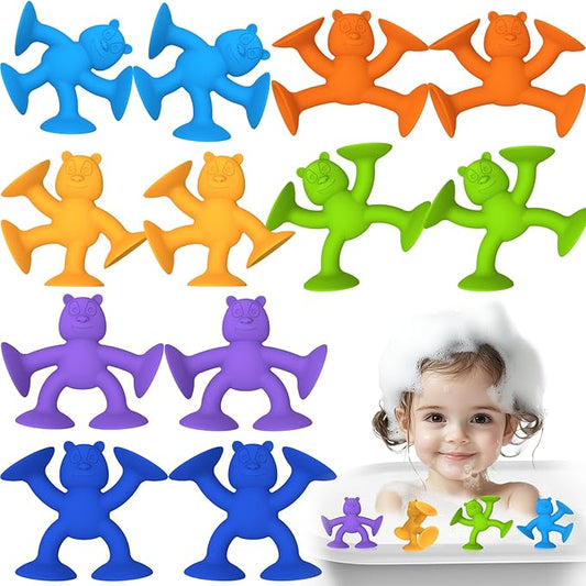 Cute Bear Suction Cup Toy Bath Toys for Kids Ages 4-8 No Hole Bathtub Sensory Toy Airplane Toys for Toddlers 1-3, Connect Build Create Baby Toys, 12 PCS-CubbioJoy