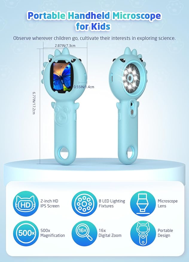 2-in-1 Microscope Camera for Kids, Mini Handheld Microscope Supporting Multiple Viewing Angles, Outdoor Educational Science Adventure Toys, Birthday Gifts for 3-10 Years Old Boys Girls, Blue Dinosaur-CubbioJoy