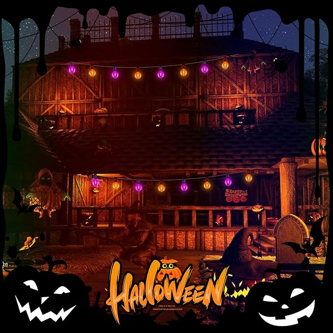 25FT Outdoor Halloween String Lights, G40 Outdoor Halloween Decorations Light with 27 LED Shatterproof Orange Purple Globe Lights(2 Spare), Hanging Patio Lights for Holiday Balcony Backyard Party-CubbioJoy