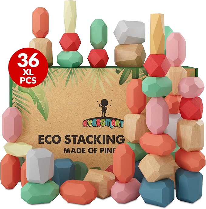 36 Pcs Wooden Stacking Blocks – Montessori Toys for 1 2 3 4 5 6 Year Old Toddlers and Kids, XL Rocks, No Choking Hazard – Sensory STEM Building Stones, for Girls and Boys-CubbioJoy