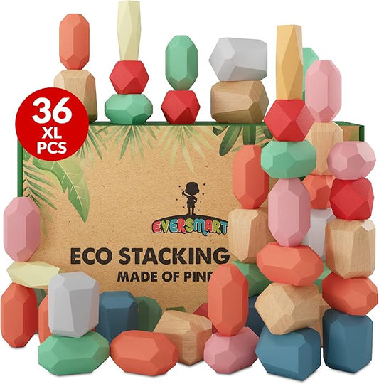 36 Pcs Wooden Stacking Blocks – Montessori Toys for 1 2 3 4 5 6 Year Old Toddlers and Kids, XL Rocks, No Choking Hazard – Sensory STEM Building Stones, for Girls and Boys-CubbioJoy