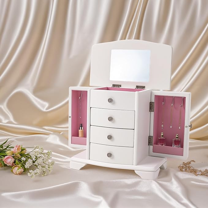 Jewelry Box,White Wooden Jewelry Box With Top Mirror, Jewelry Organizer Wooden Is Suitable For Storing Rings,Bracelets,Necklaces Etc-CubbioJoy
