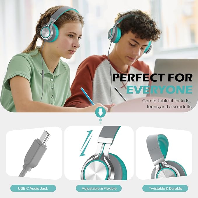 AILIHEN C8 Kids Headphones Wired USB C, USB-C Headphones with Microphone & Volume Control, Foldable Stereo Sound Tangle-Free Type C Cord, Compatible with Cellphone, Laptop, PC, Computer (Grey Mint)-CubbioJoy