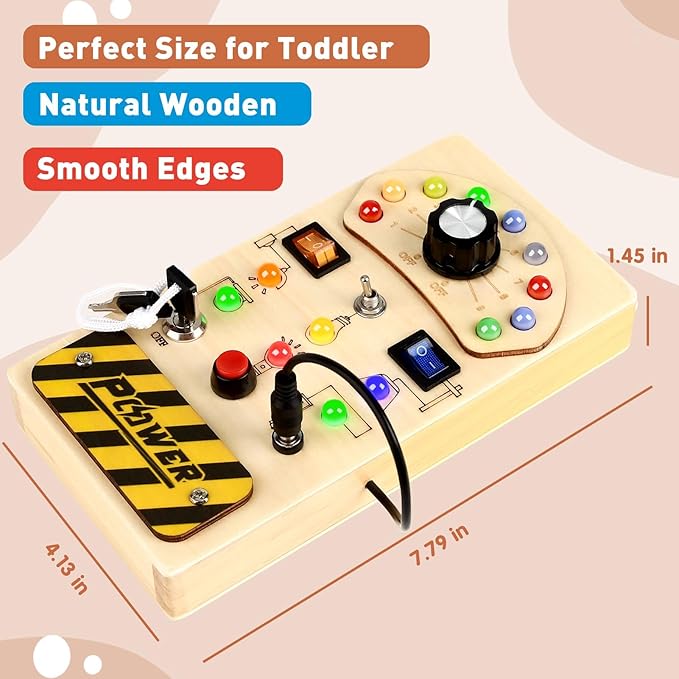 Joyreal Toddler Busy Board, Wooden Montessori Busy Board Sensory Board with LED Light Switch, Sensory Toys Baby Fidget Board Travel Toys for Toddler-CubbioJoy