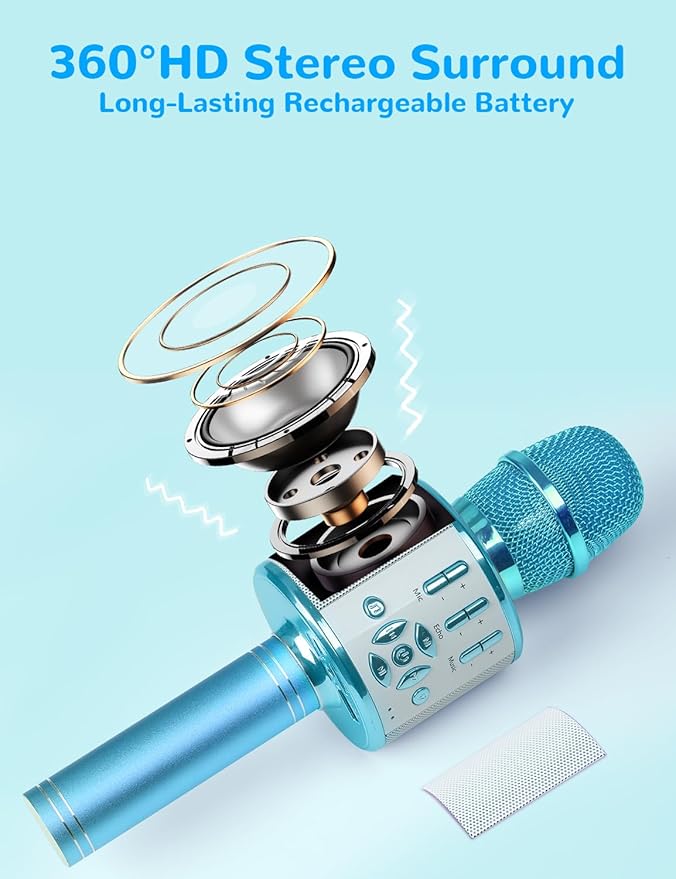 Amazmic Kids Karaoke Microphone Machine Toys for Girls Bluetooth Microphone with LED Light, Birthday Gift for Girls Boys 3 4 5 6 7 8 9 10 11 12 Year Old Kids Toys(Blue)-CubbioJoy