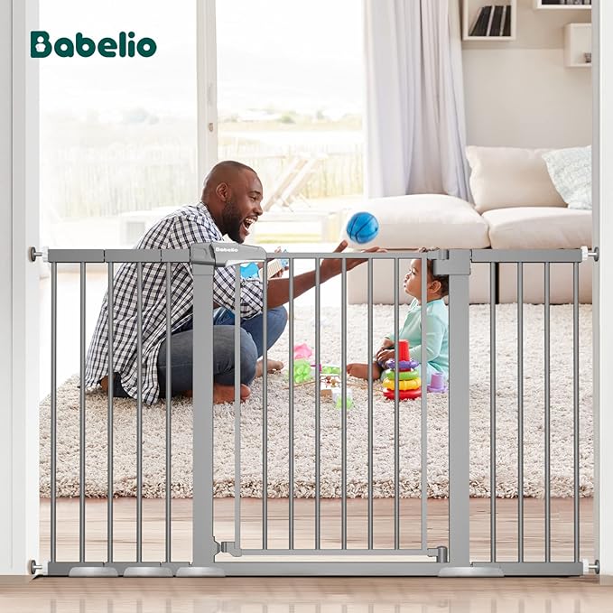 BABELIO 29-55 Inch Extra Wide Baby/Dog Gate, Metal Auto Close for The House and Doorways, Pressure Mounted Pet Door, NO Need Tools and Drilling, with Wall Cups, Gray-CubbioJoy
