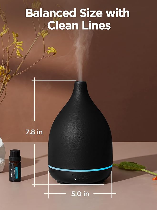 InnoGear Oil Diffuser, 300ML Ceramic Diffuser for Essential Oils Handcrafted Aromatherapy Diffuser Ultrasonic Cool Mist Humidifier with 4 Timers Waterless Auto Off for Room Office, Black-CubbioJoy
