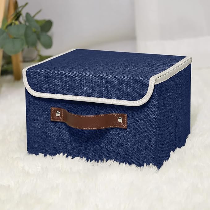 ANMINY 4PCS Storage Bins with Lid PU Leather Handles Storage Boxes PP Plastic Board Decorative Foldable Lidded Cotton Linen Fabric Home Cubes Baskets Closet Organizer Containers - Blue, Small Size-CubbioJoy