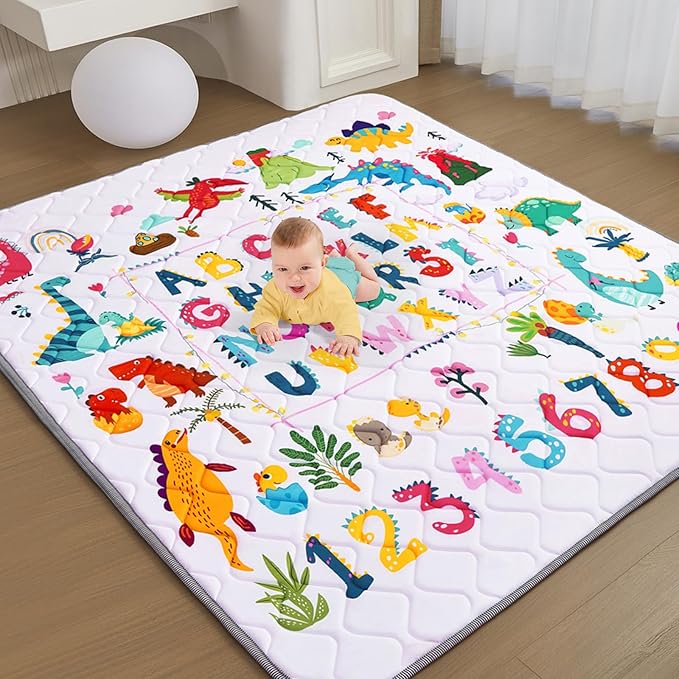 Baby Play Mat - Thicken 71x59 Inch Soft Foam Crawling Mat for Playpen & Floor, Non-Slip Waterproof Playmats for Infants & Toddlers, Portable Foldable & Machine Washable, Dinosaur & Letters-CubbioJoy