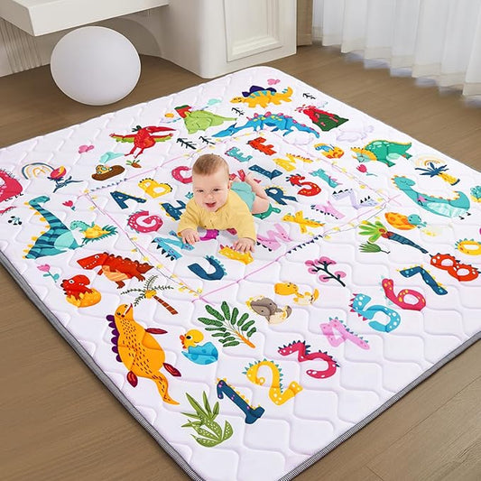 Baby Play Mat - Thicken 71x59 Inch Soft Foam Crawling Mat for Playpen & Floor, Non-Slip Waterproof Playmats for Infants & Toddlers, Portable Foldable & Machine Washable, Dinosaur & Letters-CubbioJoy