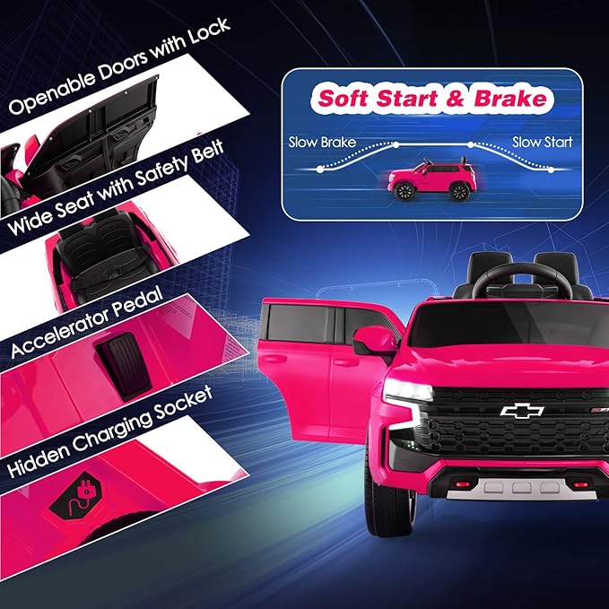 Costzon Ride on Car, 12V Licensed Chevrolet Tahoe Battery Powered Electric Vehicle w/ 2.4G Remote Control, High/Low Speed, Music, Lights, MP3/USB/FM, Spring Suspension, Electric SUV for Kids (Pink)-CubbioJoy