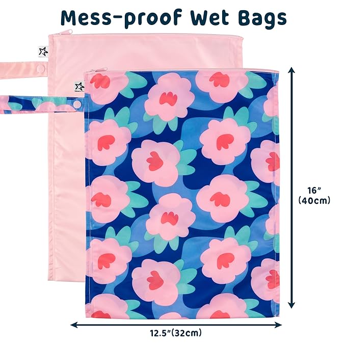 Tiny Twinkle Mess-Proof Waterproof Wet Dry Bag | 2-Pack Reusable Wet Bags for Swimsuits & Baby Clothes | Leakproof Wet Bag for Travel & Diaper Changes for Baby (Blue Floral)-CubbioJoy