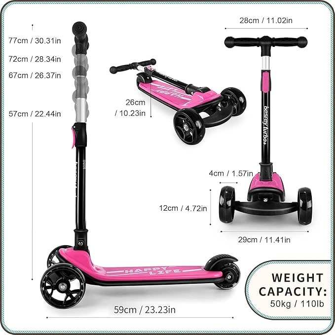 Besrey Kick Scooter for Kids Ages 3-10, 3-Wheel Folding Scooter with Adjustable Height, LED Light Wheels, Extra Wide Deck for Outdoor Activities-CubbioJoy