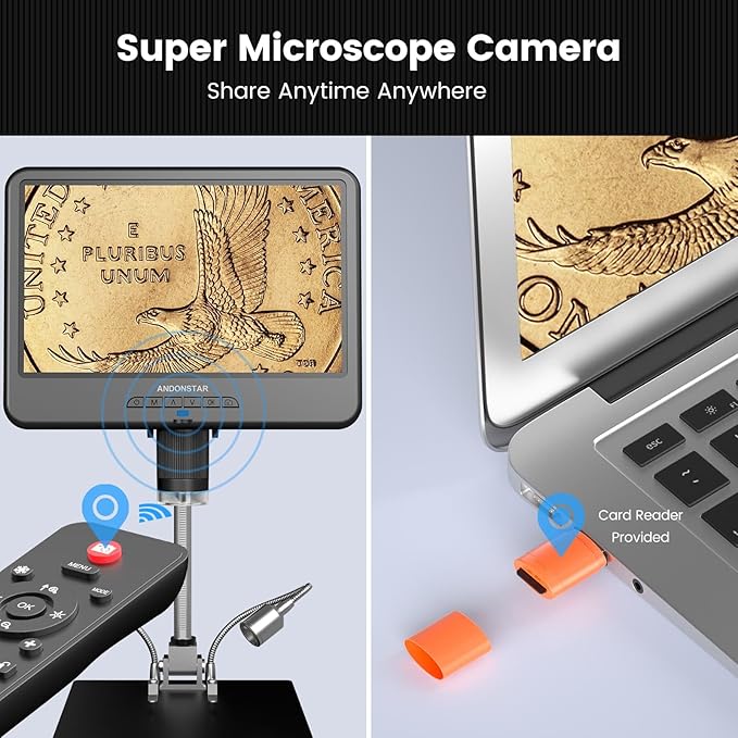Andonstar AD210 10.1 Inch LCD Digital Microscope for Adults, Soldering Microscope for Electronics Repair, Coin Microscope Camera Full View for Error Coins with Light, Biological Slides Kit, 32G Card-CubbioJoy