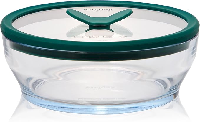 Anyday 4-Cup Glass Food Storage with Glass Lid, Round Shallow Dish | Plastic-Free Meal Prep & Microwave Cookware | Stackable Airtight Storage Container with Vented Lid for Microwave-Safe Reheating-CubbioJoy