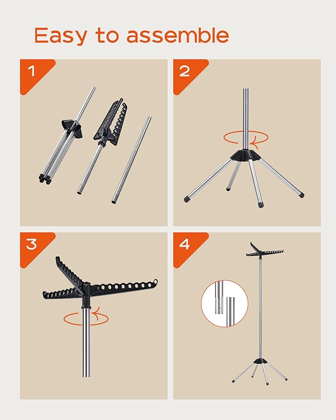 Clothes Drying Rack Foldable, 59 inch Tripod Laundry Drying Rack Indoor with Rotating Clothes Rail for 27 Pieces of Clothes, Space Saving, Stainless Steel, Black and Silver CDR001B01-CubbioJoy