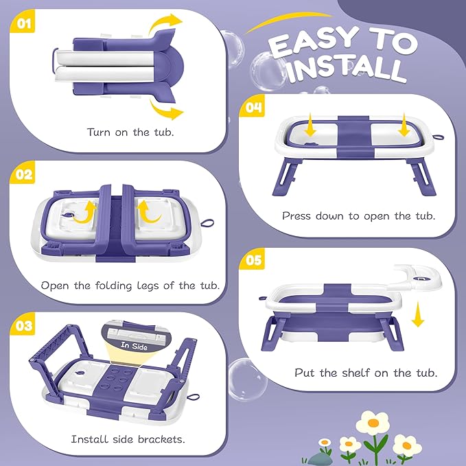 Collapsible Baby Bathtub,Baby Bath Tub with Thermometer & Soft Cushion,Baby Bathtub for Newborn to Toddler 0-36 Months,Portable Travel Baby Tub with No-Slip Feet,Baby Shower Gifts,Lavender-CubbioJoy