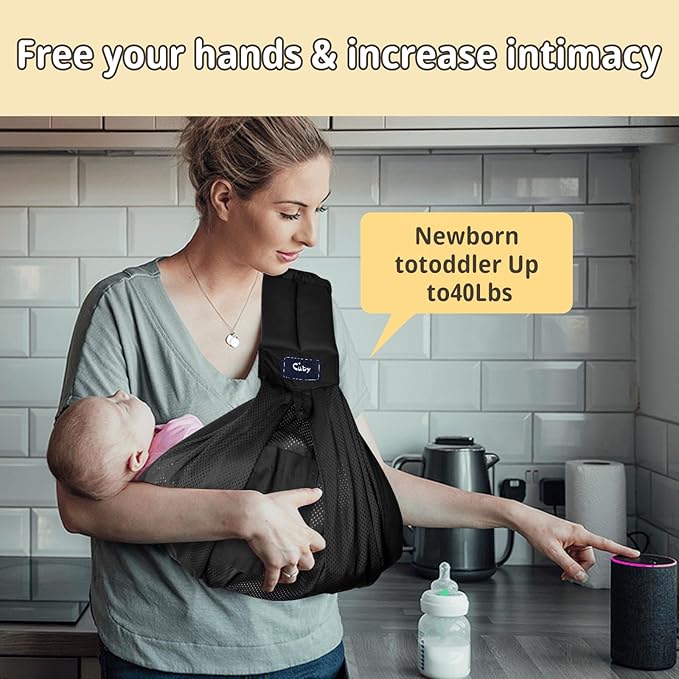 CUBY Mesh Baby Sling Carrier, Breathable Lightweight Baby Wraps Sling with Adjustable Strap Storage Bag- Easy to Wearing Front Baby Slings for Newborn Infant Toddler Carry Up to 40lbs (Black Mesh)-CubbioJoy