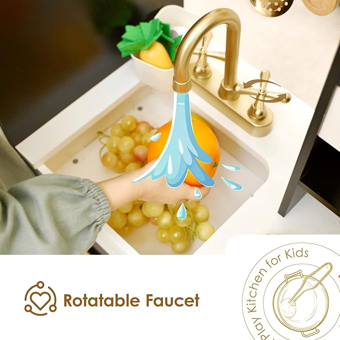 Interactive Wooden Play Kitchen for Kids 3+ Realistic Stove Sounds & Ice Maker Pretend Playset with 12 Kitchen Accessories Montessori Toy-CubbioJoy