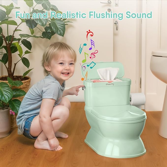 2-in-1 Toddler Potty Training Toilet - Larger Potty Chair & Detachable Training Seat for Boys & Girls Ages 1-3 with Flushing Sound, Wipes Storage, Toilet Paper Holder-CubbioJoy