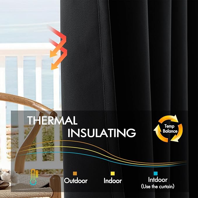 ANRODUO Back Tab Blackout Curtains for Bedroom Living Room, Rod Pocket Pinch Pleated Thermal Insulated Room Darkening Curtains 102 Inches Long 2 Panels, Black, 52 x 102 Inch-CubbioJoy