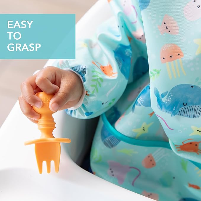 Bumkins Baby Utensils Set, Chewtensils Silicone Spoons for Dipping, Self-Feeding, Baby Led Weaning, Trainer Learning, First Stage Eating, Soft Practice Fork and Spoon, Babies 6 Months, Tangerine-CubbioJoy