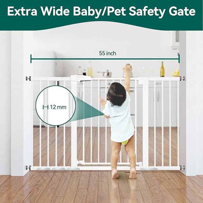BABELIO 36" Tall Baby Gate, 29-55" Auto Close Pressure Mounted Dog Gate for Doorways & Hallway, Pressguard Basics Easy Walk Thru Pet Gate, Extra Wide Metal Child Gate, White-CubbioJoy
