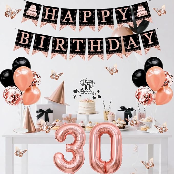 30th Birthday Decorations for Women - 56pcs Rose Gold Happy 30th Banner, 30th Birthday Crown Sash, Cake Topper, Number 30 balloons, 3D Butterflies, 4 Balloon Stands kits-CubbioJoy