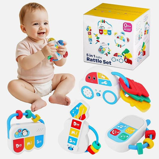 Baby Toys 0-6-12 Months: 5 in 1 Infant Musical Rtattle Teething Toys Sensory Learning Toys with Sounds, Newborn Shower Gifts for Boys & Girls-CubbioJoy