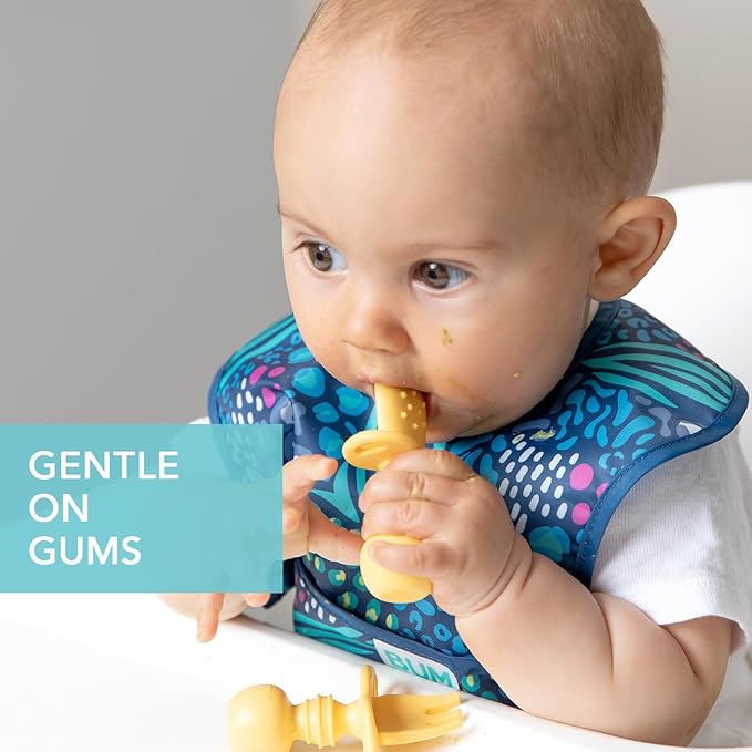 Bumkins Baby Utensils Set, Chewtensils Silicone Spoons for Dipping, Self-Feeding, Baby Led Weaning, Trainer Learning, First Stage Eating, Soft Practice Fork and Spoon, Babies 6 Months, Pineapple-CubbioJoy