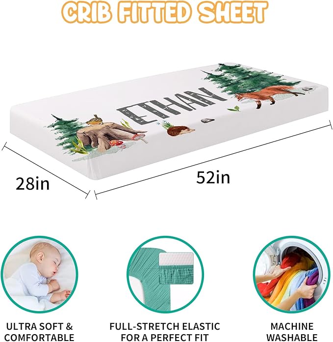 Custom Crib Bedding Set - Woodland Animals Design Personalized Name Baby Nursery Bed 3 Pcs Set - Chic Soft Blanket with Dotted Backing, Sheet, Pillowcase for Newborn Girls Boys Gifts Color13-CubbioJoy