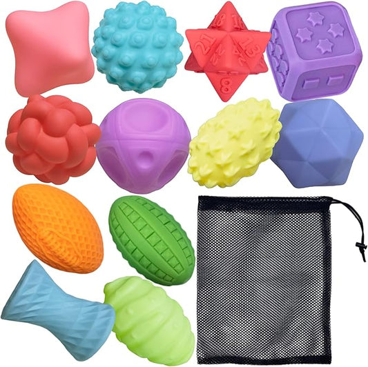 12P Sensory Balls for Toddlers 1-3,Balls for Baby Toys 6-12 Months,Bright Color Textured Multi Soft,Baby Massage Toy,Birthdays, Includes Storage Bag-CubbioJoy