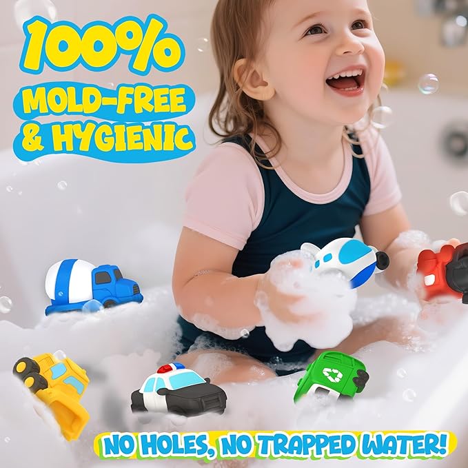 6 PCS Vehicle Floating Bath Toys Mold Free Infant Bath Tub Toys for 12 Months - No Hole Bathtub Toys for Toddlers 1-3 Water Pool Toys for Baby Toddler Ages 1+-CubbioJoy