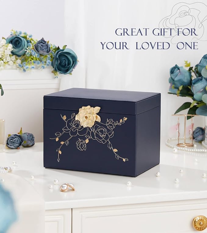 Jewelry Box with Lock for Girls: Jewelry Organizer for Dresser - 3-Drawer Earrings Storage Girls Women Gift (Dark Blue-CubbioJoy