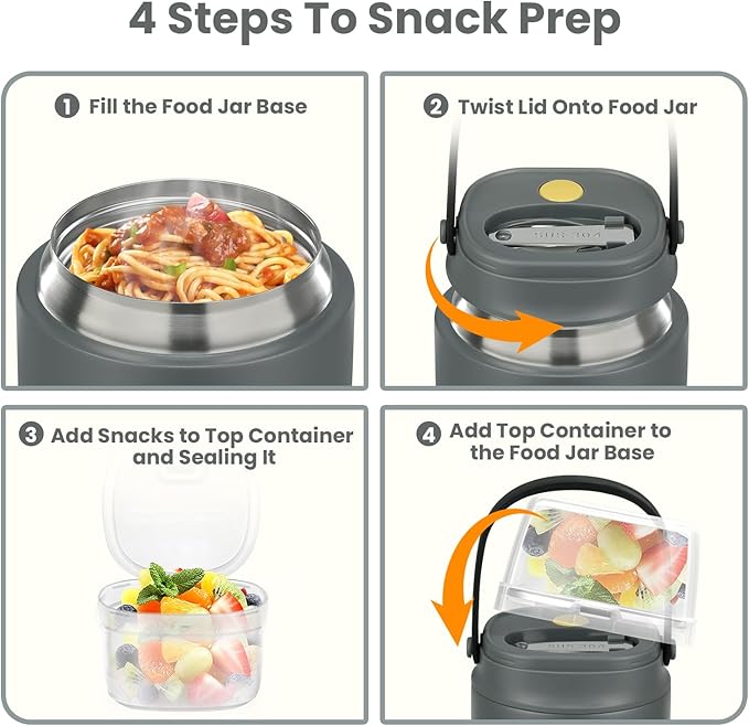 2-in-1 Insulated Food Jar & Snack Container - 15oz Kids Soup Thermos for Hot Food with Handle and Spoon, Leak Proof Reusable Toddler Snack Box, Perfect for School & Travel, Grey-CubbioJoy