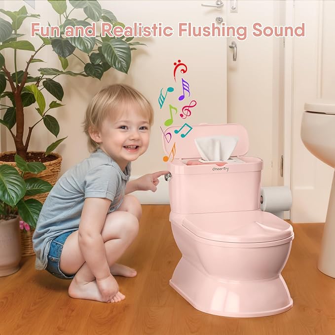 2-in-1 Toddler Potty Training Toilet - Larger Potty Chair & Detachable Training Seat for Boys & Girls Ages 1-3 with Flushing Sound, Wipes Storage, Toilet Paper Holder-CubbioJoy