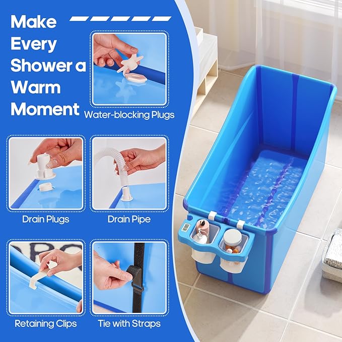 Collapsible Baby Bathtub Foldable Bathtub for Toddler Portable Large Foldable Bath Tub Bathtub for Kids Petite with Thermometer and Storage Basket (Blue)-CubbioJoy