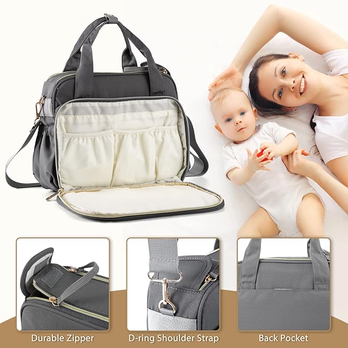Crossbody Small Diaper Bag, Cute Mini Baby Diaper Tote Bags with Insulated Pockets for Traveling Outdoor Parent,Gray-CubbioJoy