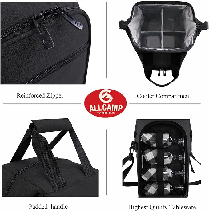 ALLCAMP 4 Bottle Wine Gift Bag - Insulated Tote Cooler, Adjustable Strap, Includes 4 Wine Glasses, Napkins & Corkscrew, Portable Travel Gifting (Black)-CubbioJoy